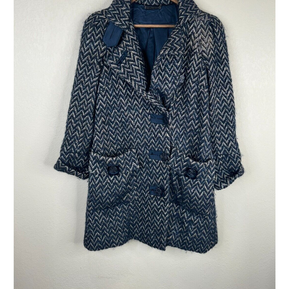Diane Von Furstenberg‎ Trente Pea Coat Size 0 Navy/Tan Chevron Wool Mohair Blend